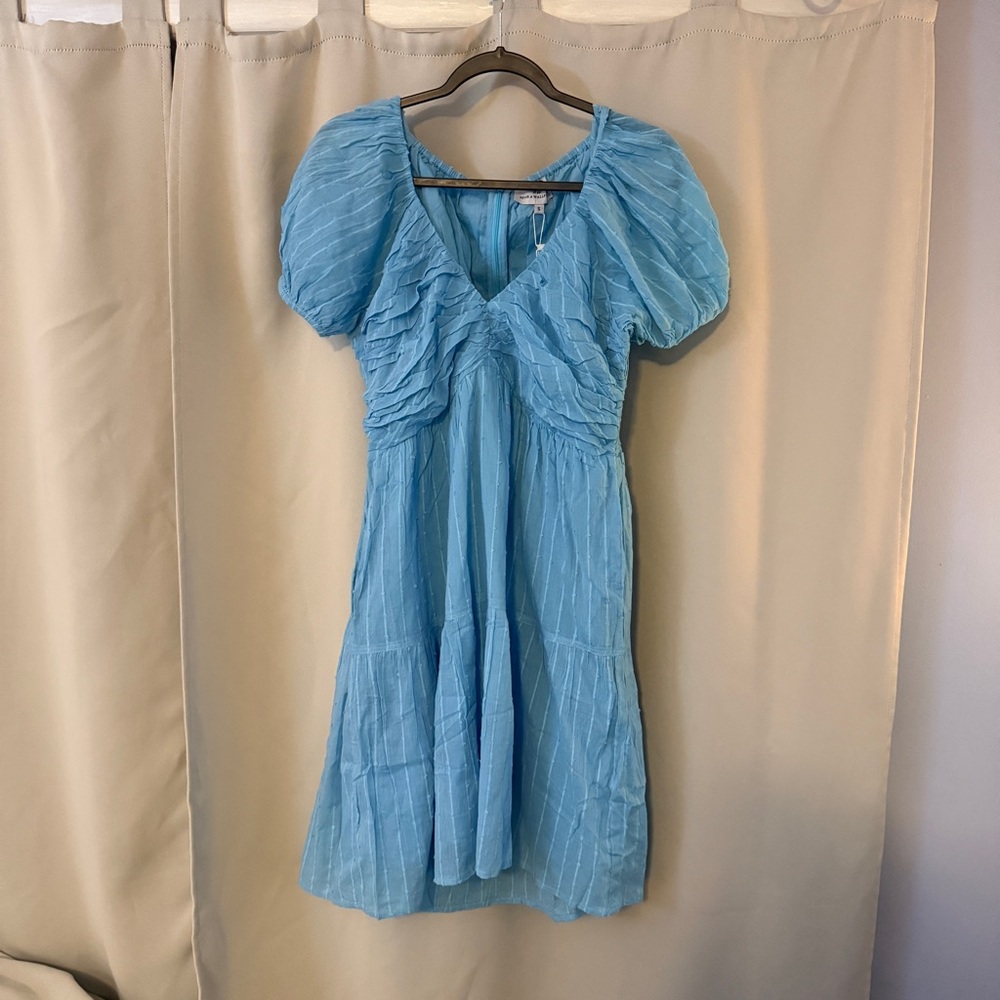 100% Cotton Light Blue Puff-Sleeve V-Neck Dress